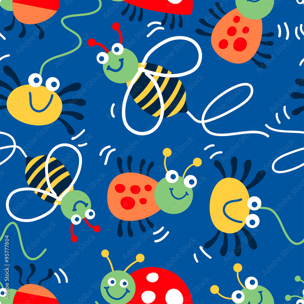 Bugs, bees and spiders seamless pattern