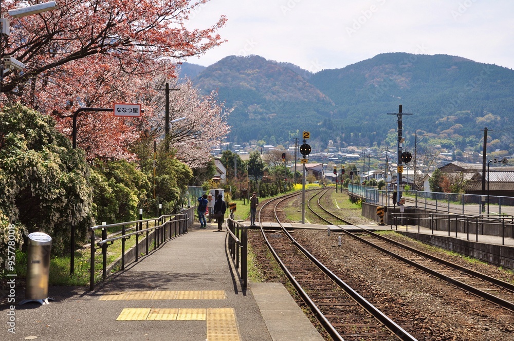 railway at Yufuin train station with cherry blossom (sakura) and mountain background in Oita, Japan. Tourists enjoy beautiful scenery. railway at Yufuin train station with cherry blossom (sakura) and mountain background in Oita, Japan. Tourists enjoy beautiful scenery.