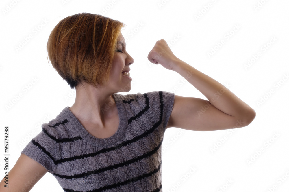 Asian American Woman Profile Showing Bicep Muscle Asian American Woman Profile Showing Bicep Muscle