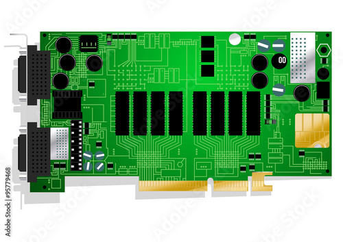 Green graphics card circuit board illustration on white backgrou
