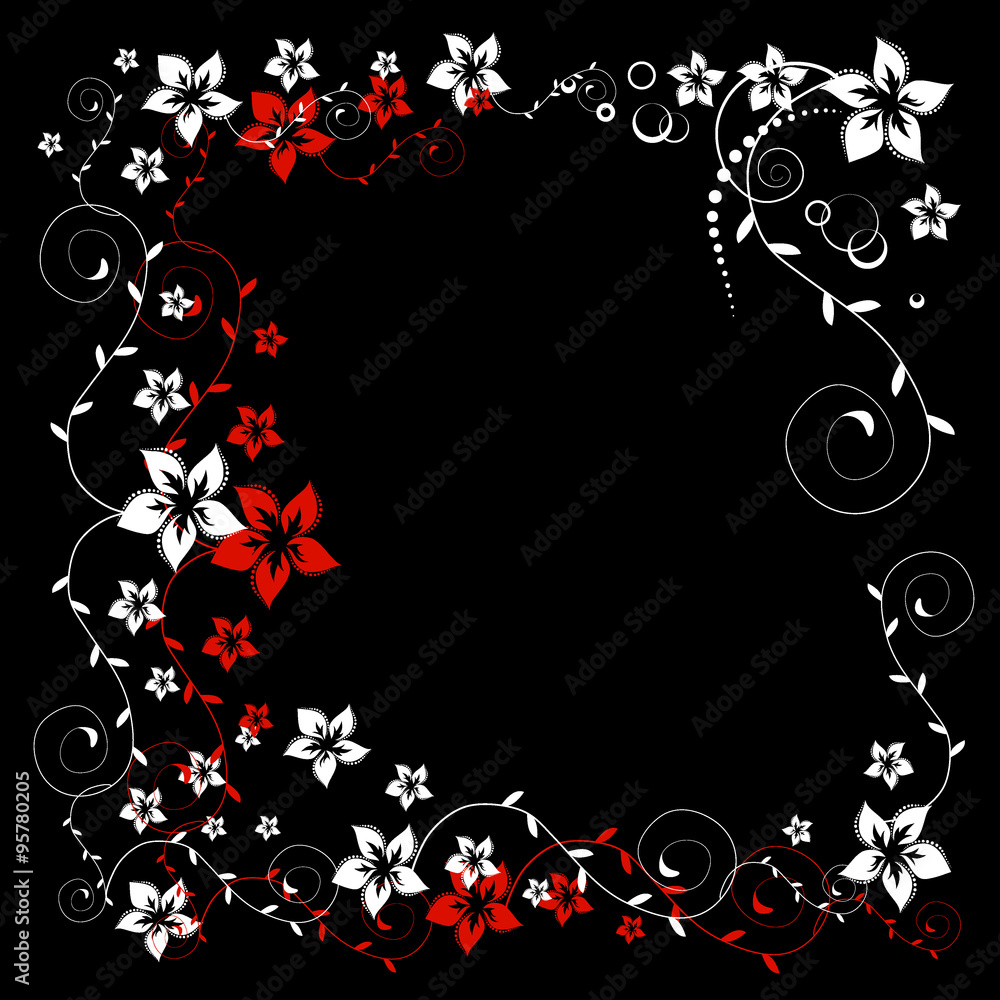 Decorative black, red and white pattern with the image of flowers, leaves.