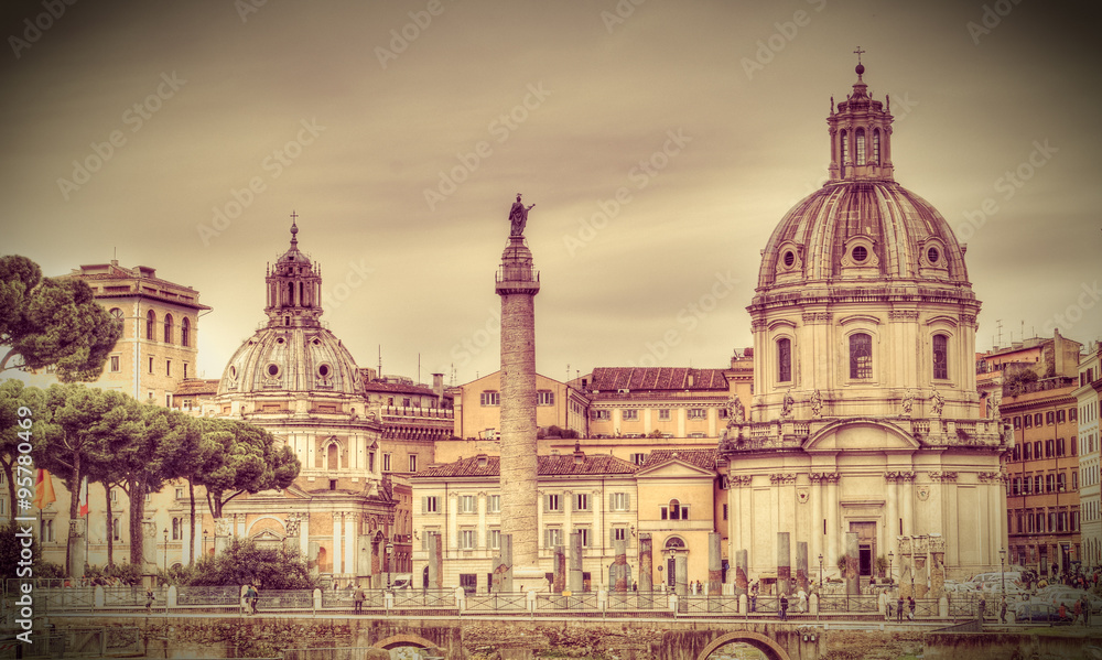 View of Church of Santa Maria di Loreto and Trajan's Column. Rome, Italy. Retro toned photo.
