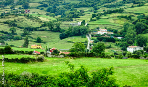 Cantabria landscape wiht green field. Spain.