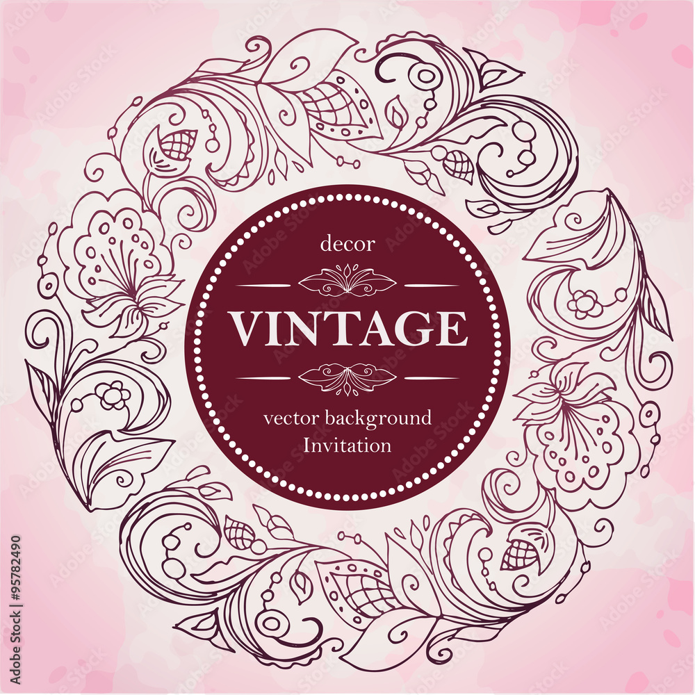 Floral ring border. The composition of flowers, buds, leaves and twigs in the style of art Deco.Template for creating invitations, greetings, cards. Vintage patterned frame. Floral ring border. The composition of flowers, buds, leaves and twigs in the style of art Deco.Template for creating invitations, greetings, cards. Vintage patterned frame.
