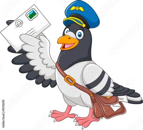 Cartoon funny pigeon delivering letter isolated on white background
