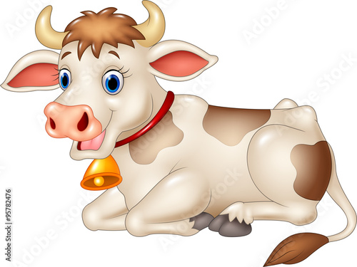 Cartoon funny cow sitting isolated on white background