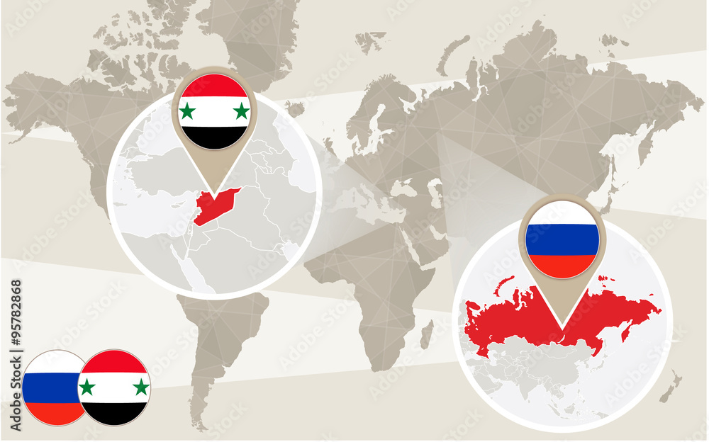 World map zoom on Syria, Russia