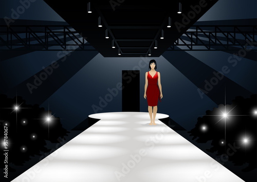 Fashion model in red dress walking down a catwalk