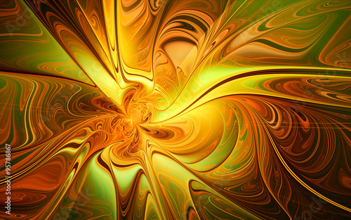 abstract fractal, green-yellow wavy liquid paint