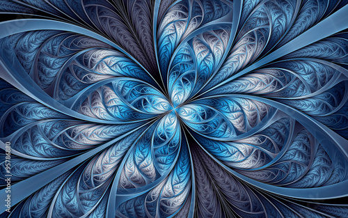 Abstract fractal background, blue mosaic ornamental pattern with curved stripes