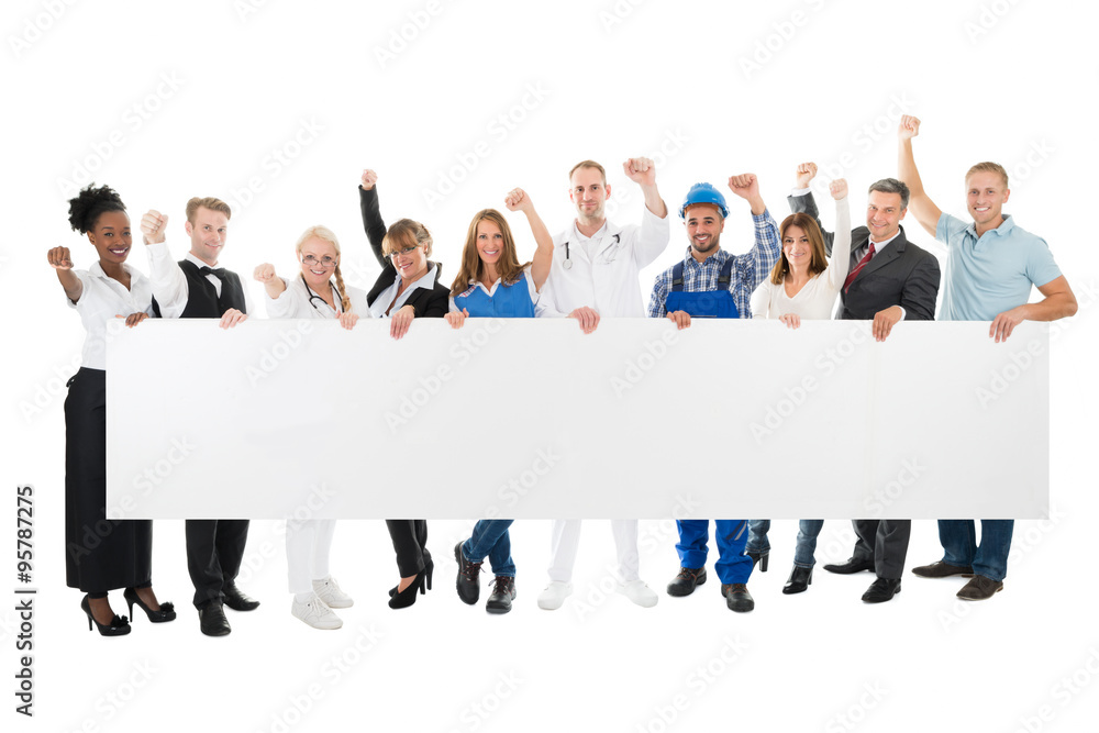 Obraz premium People With Various Occupations Holding Blank Billboard