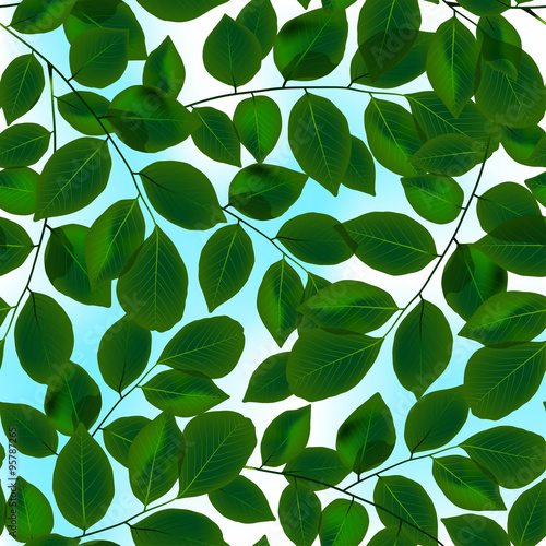Green leaves canopy and sky in a seamless pattern