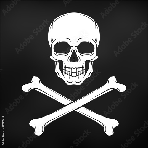 Human evil skull vector. Jolly Roger with crossbones logo template. death t-shirt design. Pirate insignia concept. Poison icon illustration on black background