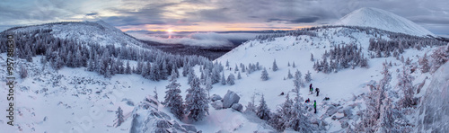 Winter landscape in mountains at sunrise