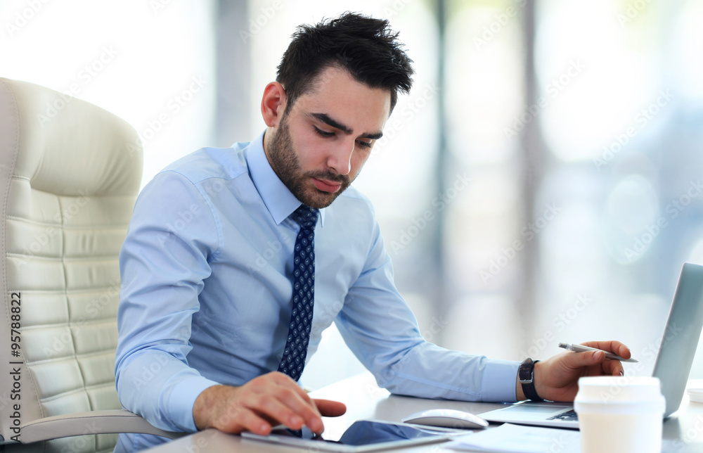 Handsome businessman working with laptop in office Handsome businessman working with laptop in office