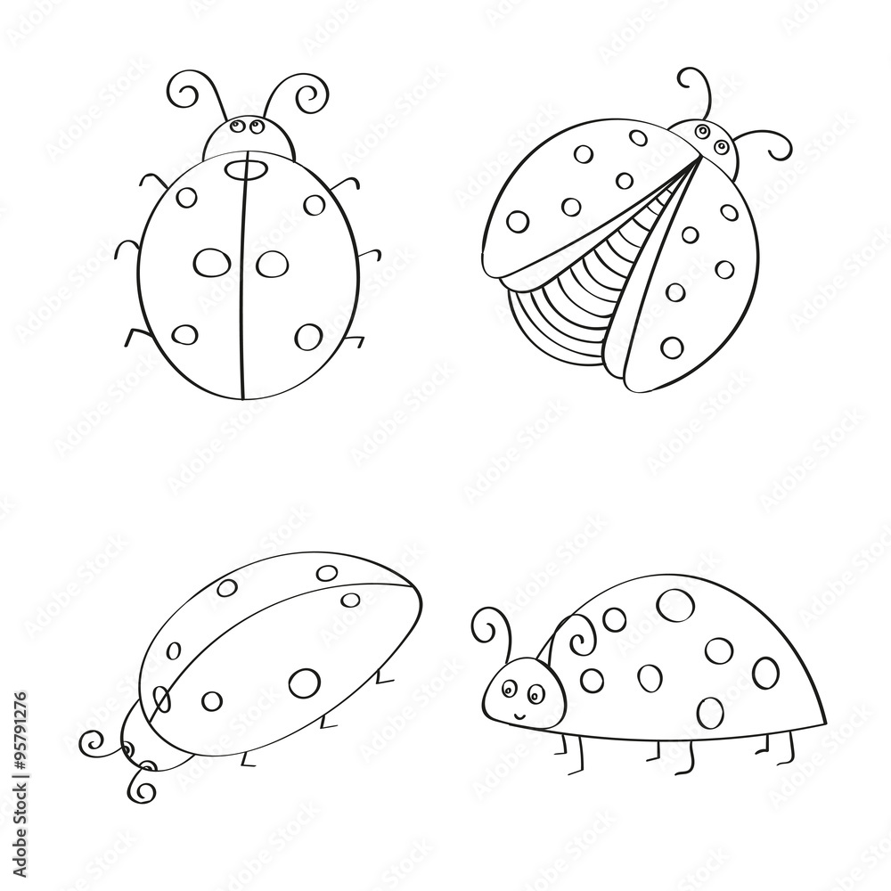 Obraz premium Set of hand drawn ladybugs. Outline. Vector collection of ladybirds.