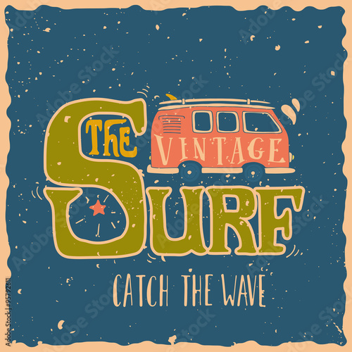 Vintage summer surf print with a mini van and 70s style hand let