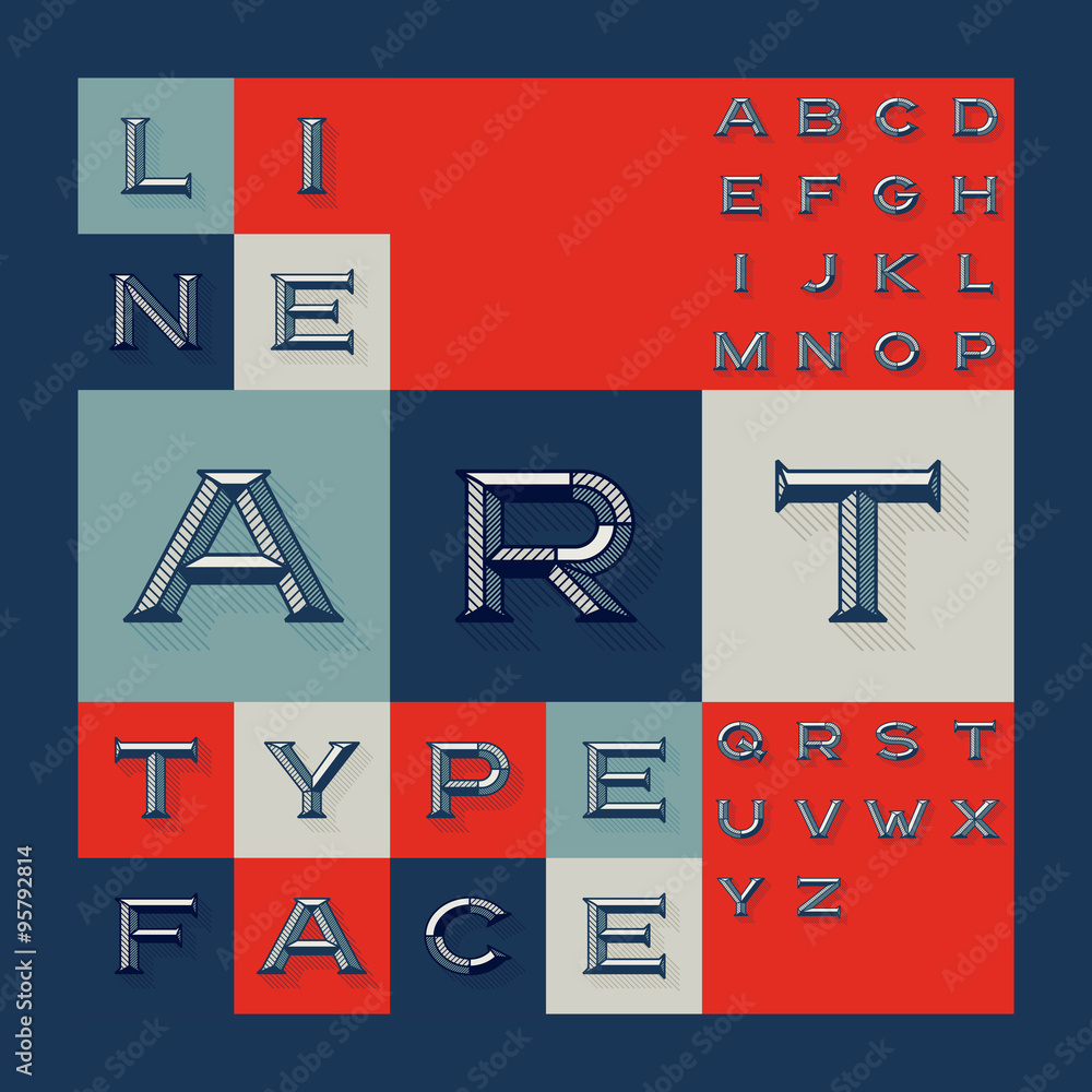 Geometric style mosaic typeface named &ldquo;Line Art&rdquo; with blueprint bevel