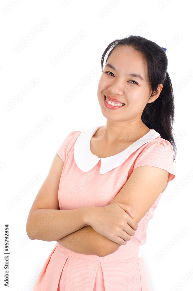 Portrait of young asian woman smile and happy on white background Portrait of young asian woman smile and happy on white background