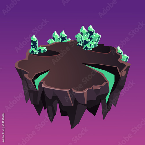 Cartoon Stone Isometric Island with Crystals for Game, Vector Illustration