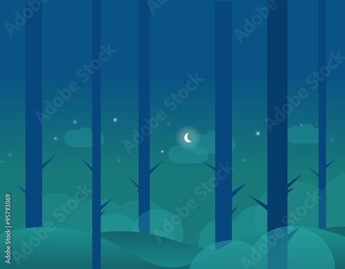 Wallpaper Landscape of Winter Forest and Moon, Vector Illustration