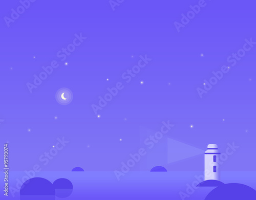 Wallpaper Landscape of Winter Seascape with Moon and Lighthouse, Vector Illustration