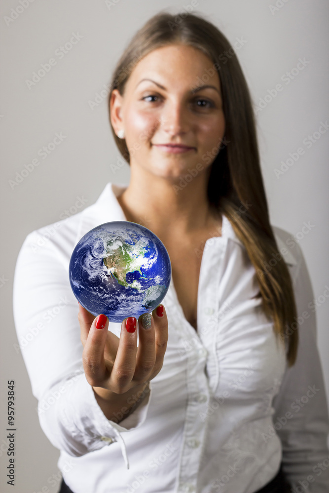 Beautiful girl holding Globe -Credits to http://visibleearth.nas Beautiful girl holding Globe -Credits to http://visibleearth.nas