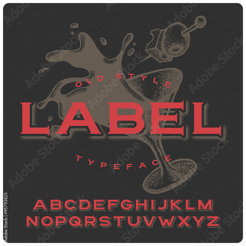 Old style vermouth label typeface with graphic glass illustration on background made in pointillism technique. Red on dark background.
