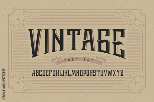 Vintage font set on cardboard texture vector background with decorative ornate frame.