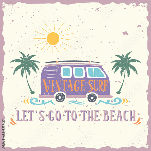Vintage summer surf print with a mini van, palm trees and letter