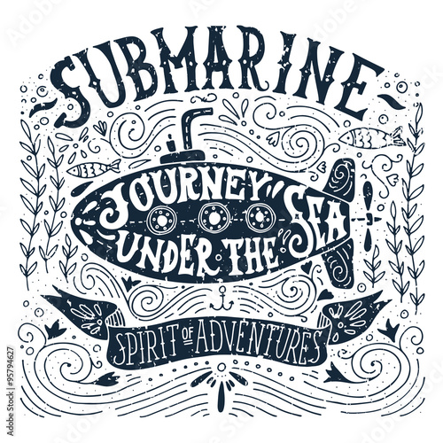 Hand drawn vintage label with a ship in a bottle and hand letter