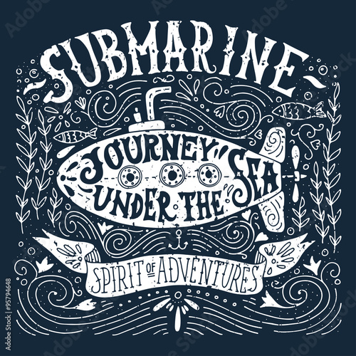 Hand drawn vintage label with a ship in a bottle and hand letter