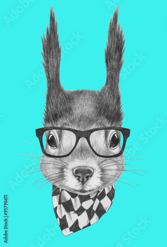 Portrait of Squirrel with scarf and glasses. Hand drawn illustration.