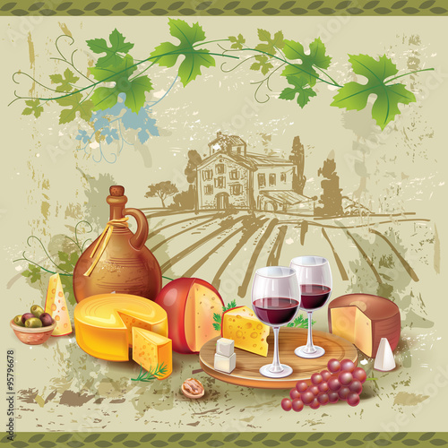 Still life of wine, cheese and grapes