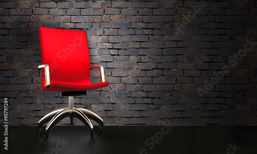 3D red chair and brick wall