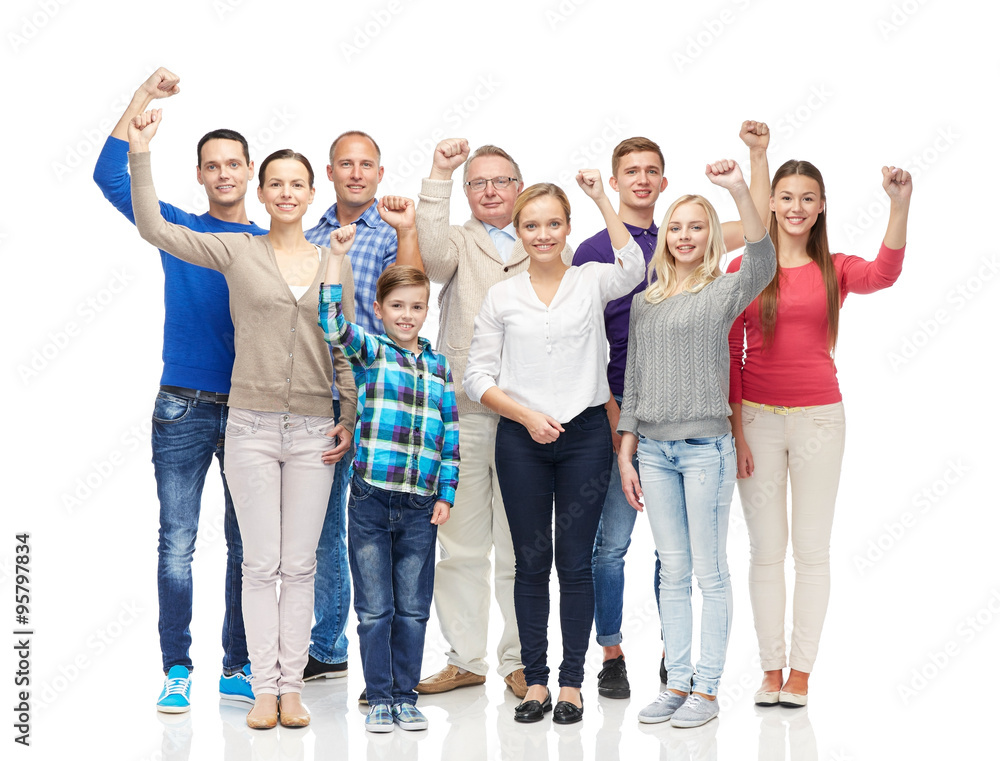 group of happy people showing fists