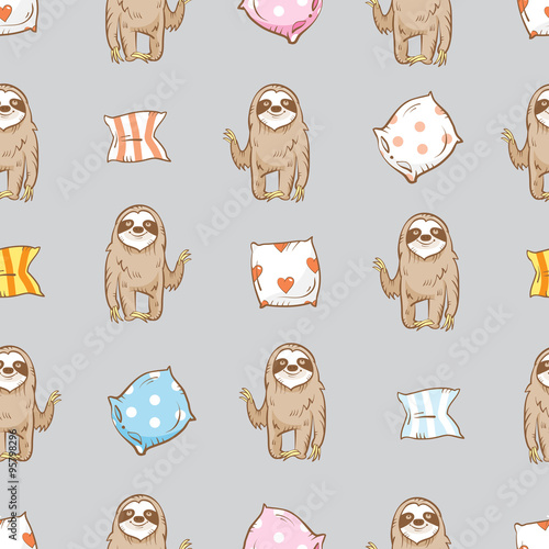 Vector seamless pattern with cartoon  sloth  and pillows on gray  background.