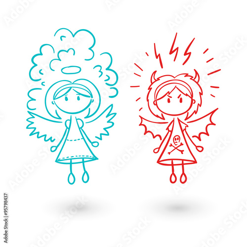Girl angel and devil vector illustration set.