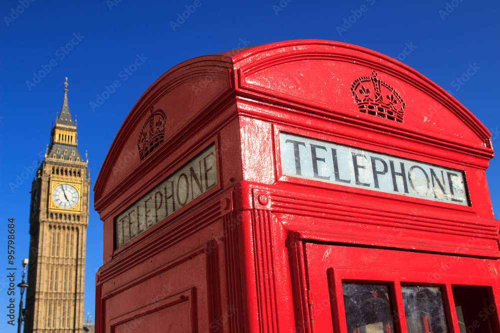 Classic Red Telephone Box and Big Ben, London, England