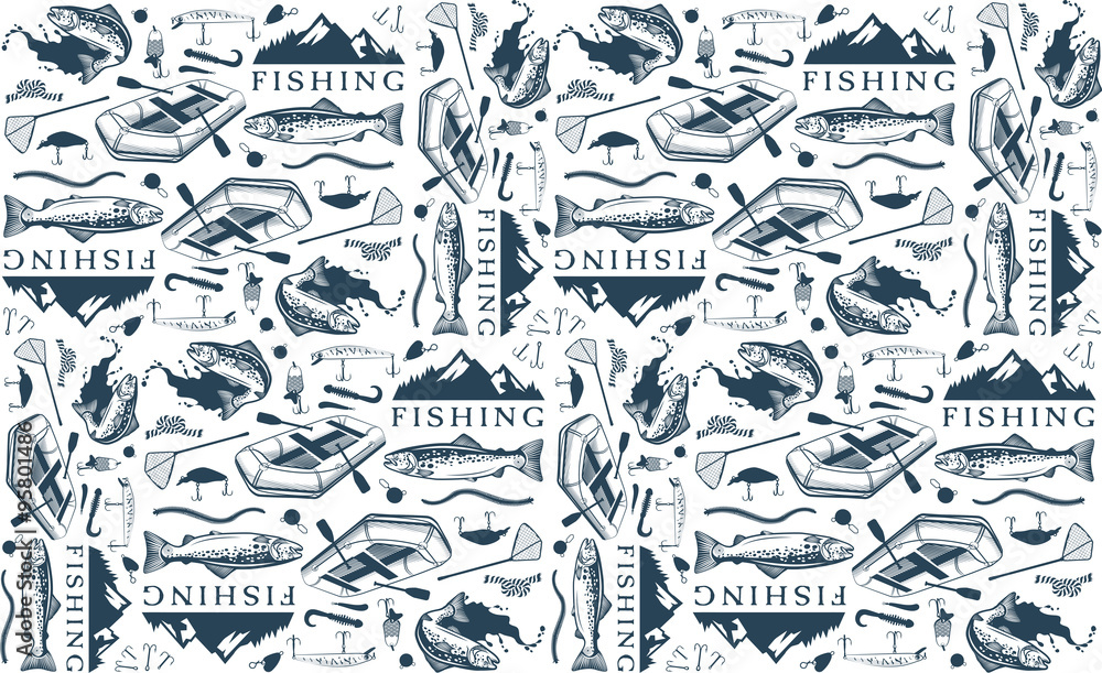 Pattern with trout fishing emblems, labels and design elements