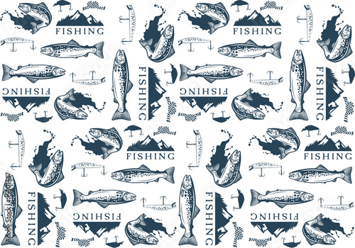 Pattern with trout fishing emblems, labels and design elements