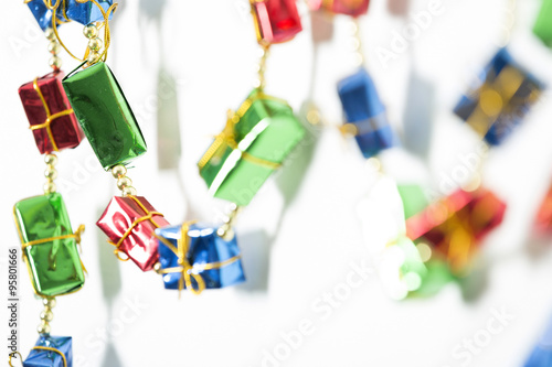 Collection of wrapped gifts hanging up