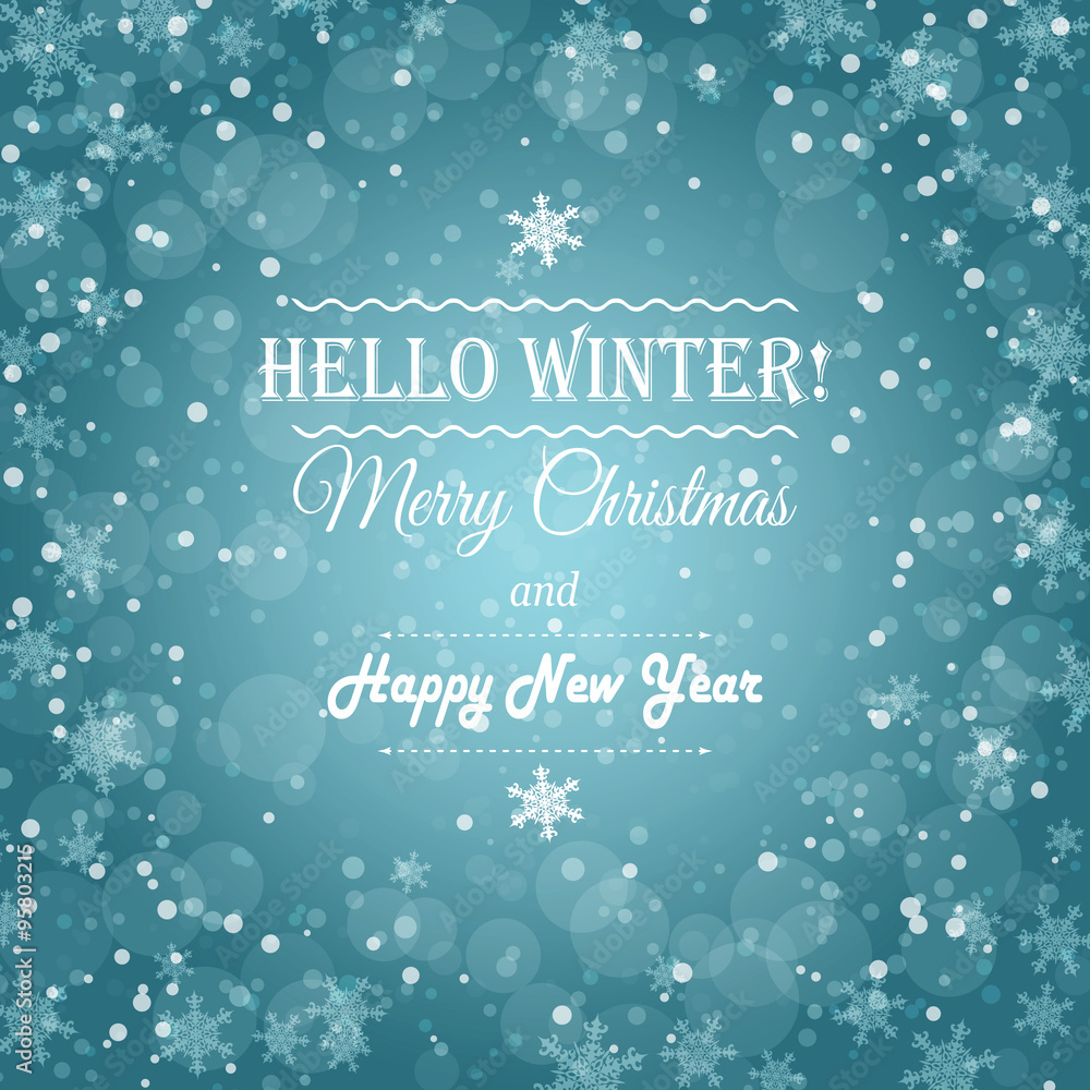 Merry Christmas postcard winter background with snowflakes
