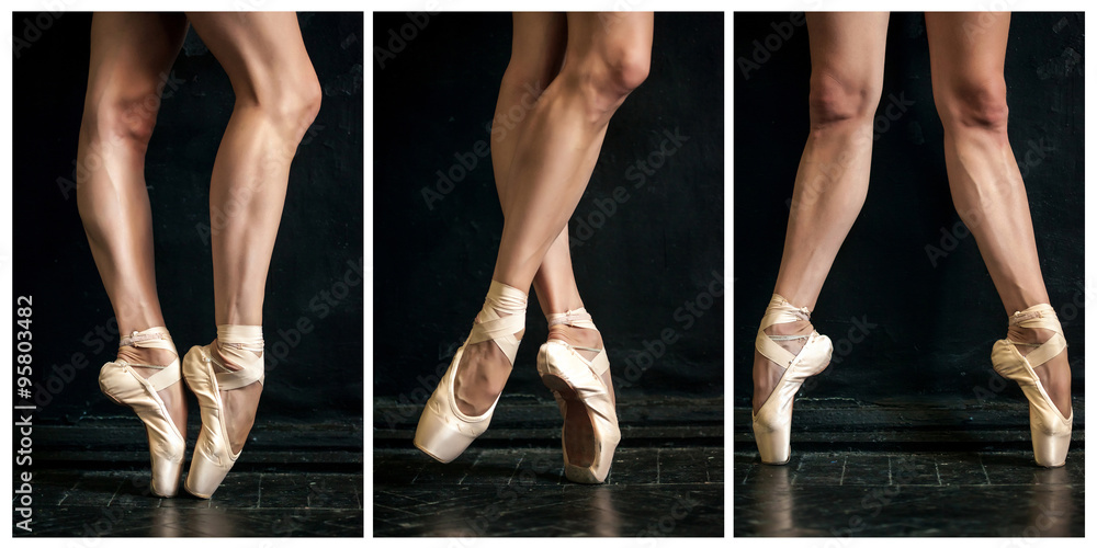Obraz premium Collage of classic ballerina's legs in pointes on wooden floor