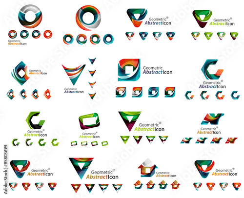 Set of various geometric icons - rectangles triangles squares circles or swirls, created with flowing wavy elements