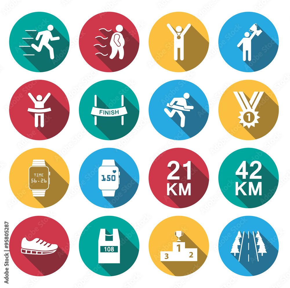 flat long shadow human run icons set.vector.