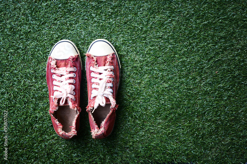 a red shoes on the lawn