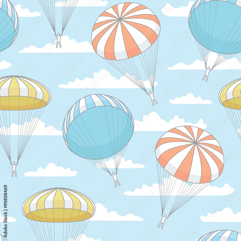 Fototapeta premium vector seamless pattern with blue parachute, clouds