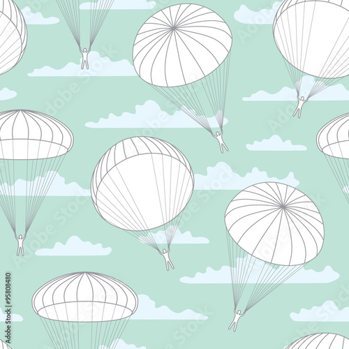 vector seamless pattern with parachutes, clouds