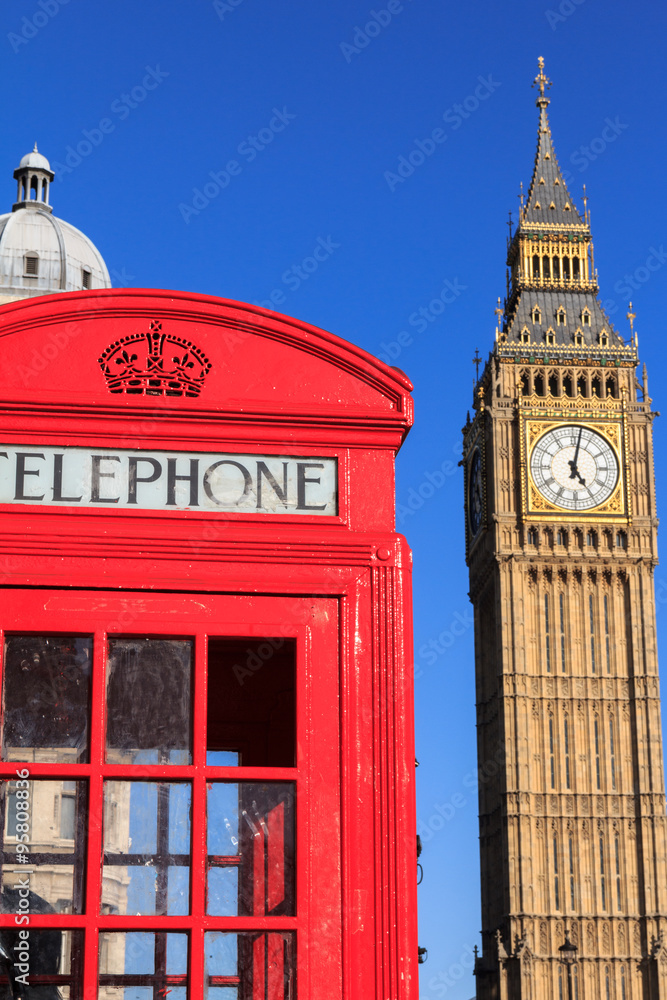 Classic Red Telephone Box and Big Ben, London, England